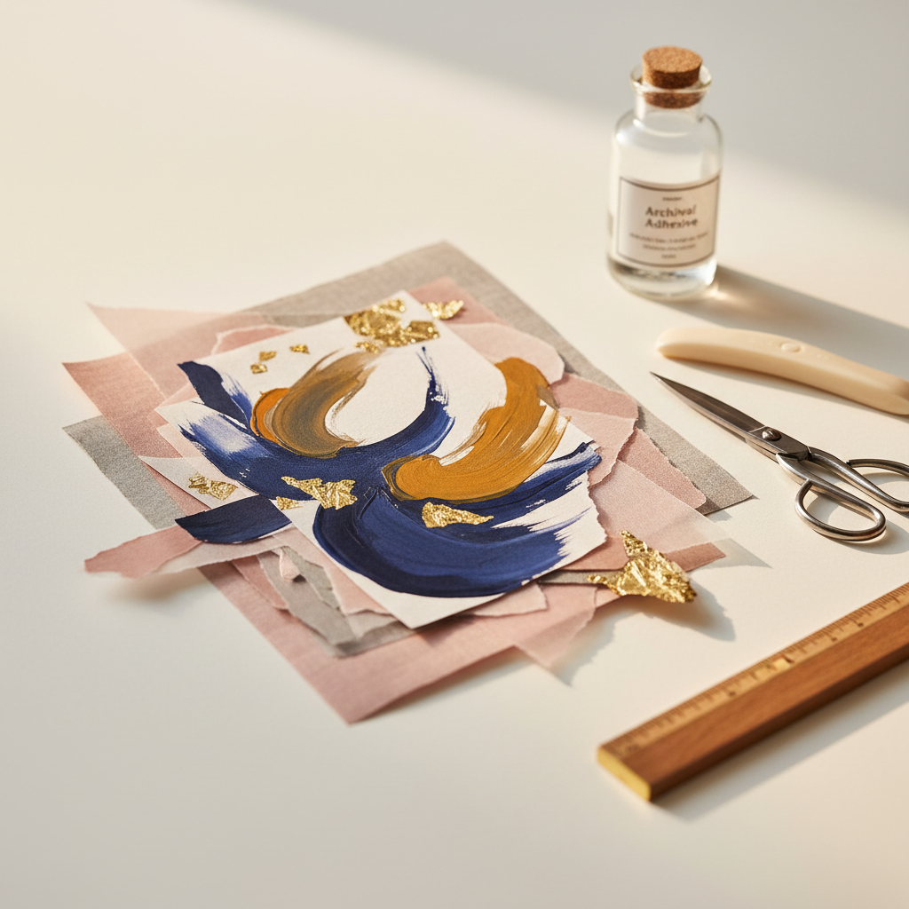 A close-up, cinematic view of a refined mixed-media collage project in progress on a smooth, matte-white work surface. Layers of torn vellum, linen-textured paper in muted blush and stone tones, and small accents of gold foil are being carefully arranged around a central, partially painted abstract form in deep indigo and ochre. Surrounding the artwork are high-end tools: Japanese steel scissors, a bone folder, archival glue in a glass bottle, and a finely grained wooden ruler. Soft studio lighting from the left creates gentle highlights on metallic elements and subtle shadows between paper layers. Captured at a low, side angle with a shallow depth of field, the background recedes into a creamy blur. The atmosphere is contemplative and artisanal, conveying mastery and precision in photographic realism.