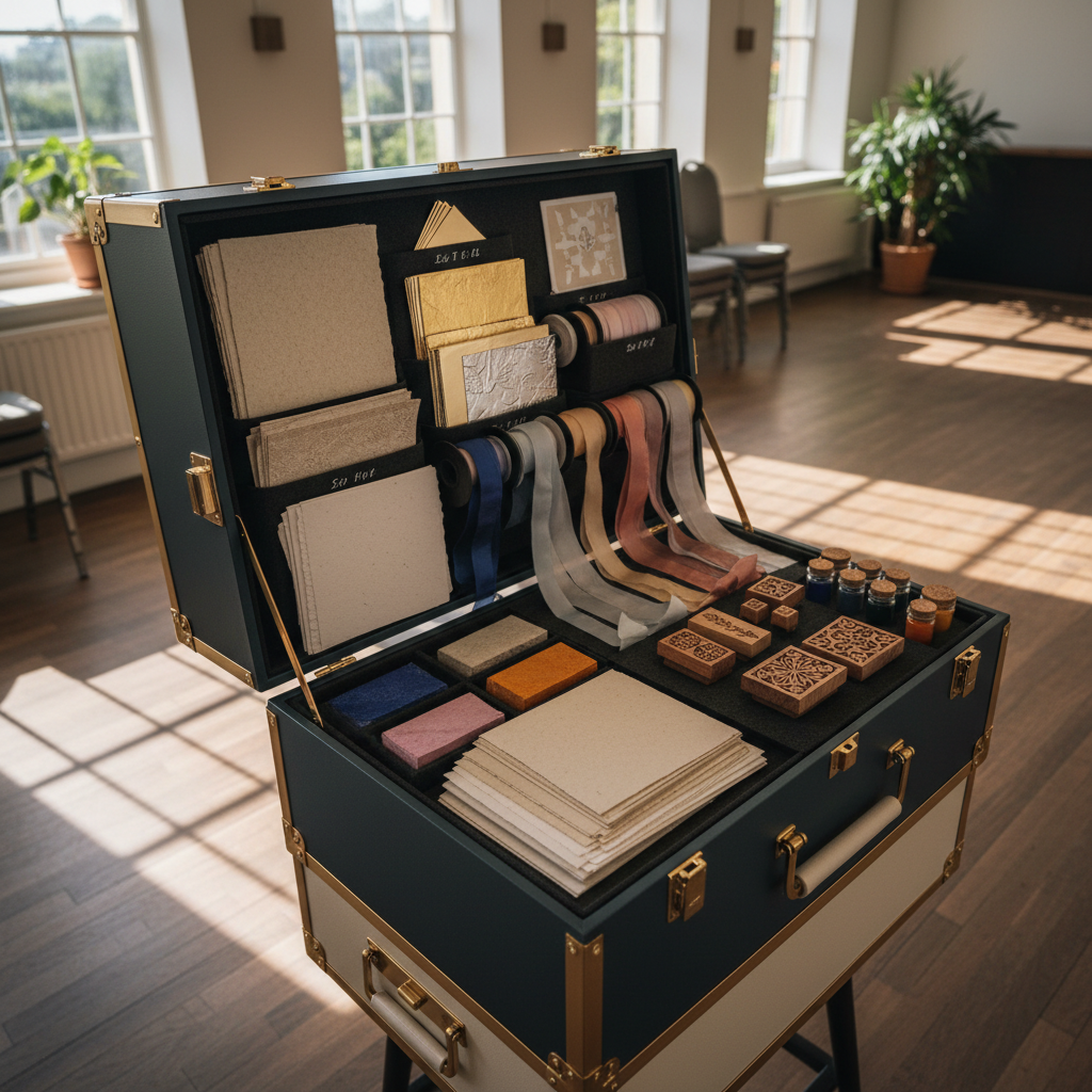 A polished, portable craft station laid out in the center of a sunlit community hall, featuring meticulously organized sets of textured handmade papers, metallic leaf sheets, silk ribbons, wooden stamps, and small glass jars of pigment powders. The mobile studio’s sleek storage cases, in soft charcoal and cream, are open to reveal carefully labeled compartments. Diffused afternoon light streams through high windows, casting delicate shadows and highlighting the tactile quality of each material. Shot from a three-quarter overhead perspective, the composition captures the full layout while softly blurring the far edges of the room. The mood is warm, welcoming, and quietly luxurious, emphasizing the versatility and professionalism of a mobile creative studio through crisp, photographic realism.