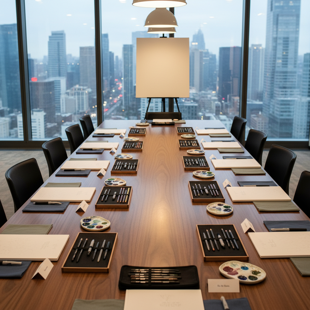An elegant, long walnut table in a modern boardroom transformed into a creative workshop space, carefully laid out with coordinated sets of sketchbooks, fine-liner pens, artist-grade colored pencils, and small ceramic palettes of gouache. Each place setting includes a minimalist name card and a folded linen napkin in muted jewel tones. Overhead, warm pendant lights cast a soft, even glow, creating gentle reflections on the table’s satin finish. Large glass walls reveal a blurred cityscape beyond, suggesting a corporate setting. Captured from a slightly elevated angle along the table’s length, the composition leads the eye toward a large blank canvas on an easel at the far end. The mood is sophisticated and anticipatory, conveying a premium team-building art masterclass in clean, photographic realism.